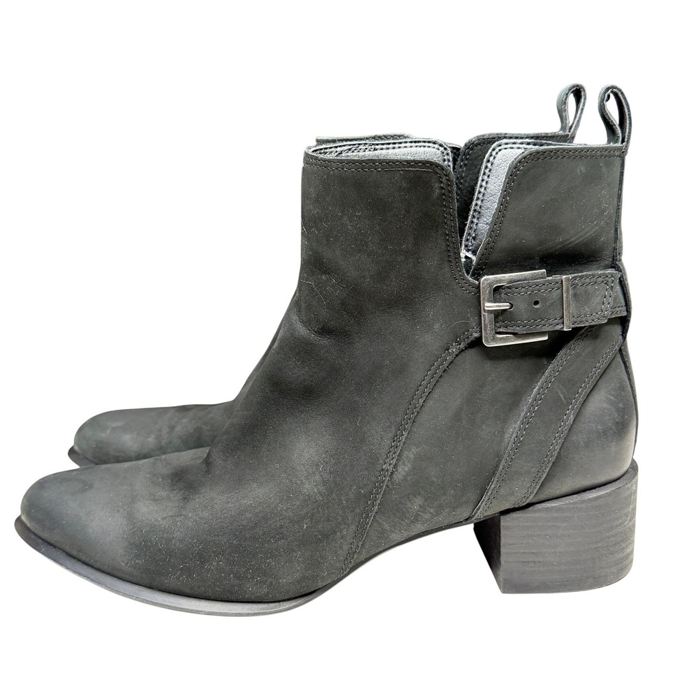 Vionic Boots Womens Sz 10 Sienna Black Suede Waterproof Ankle Buckle Block Heel